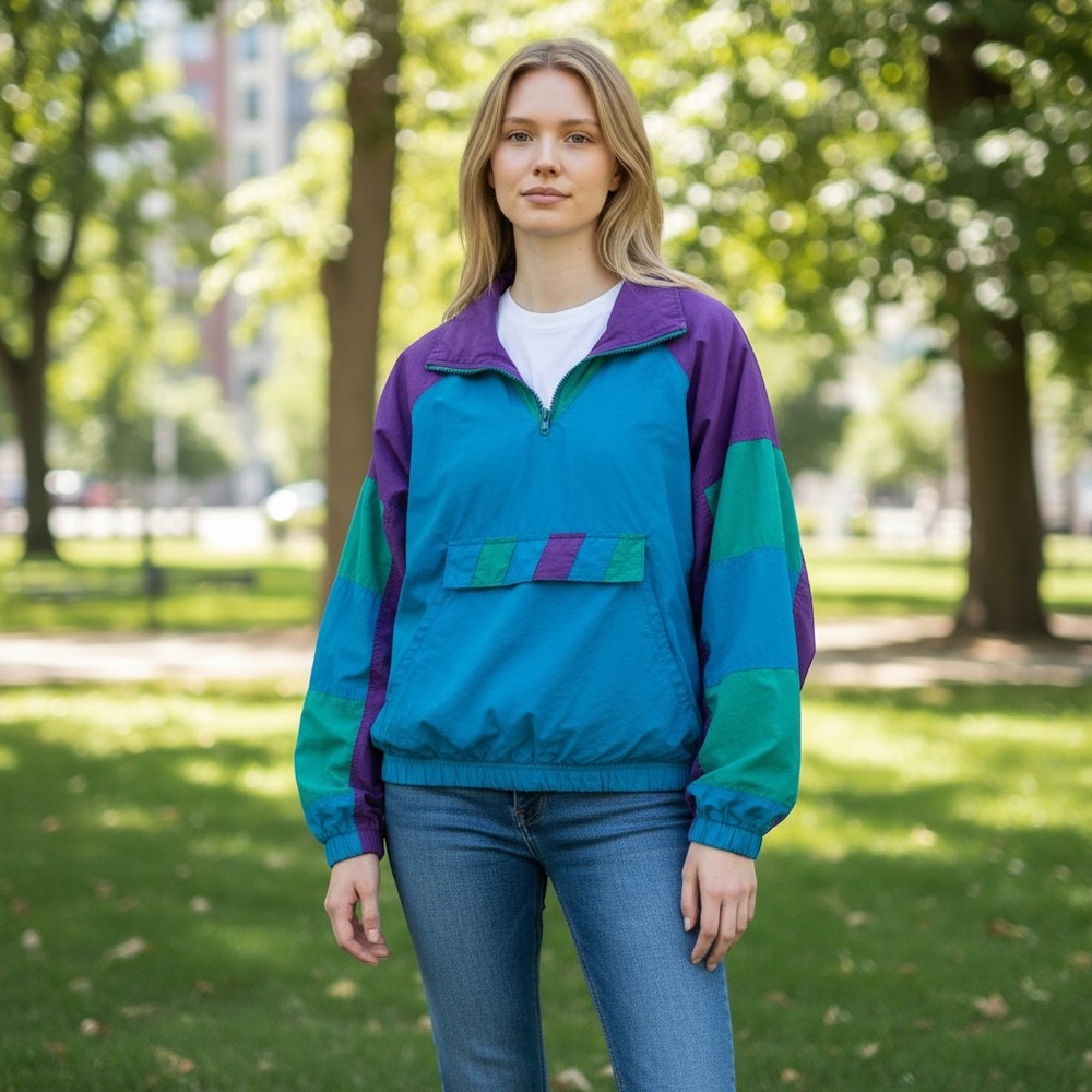 Vintage French Navy Colorblock Windbreaker Pullover Teal Purple Green Large